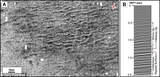 Ces lignes ondulées (photo), enfouies dans les sédiments de l'actuelle Louisiane centrale, ont été découvertes par imagerie sismique par l'Université de Louisiane à Lafayette.