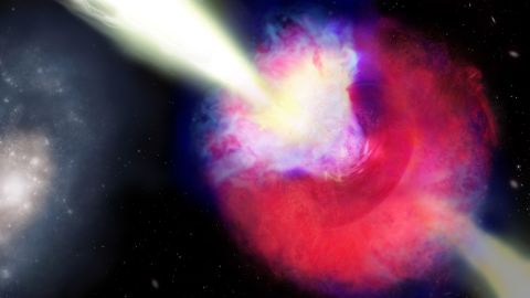 Illustration d'artiste de GRB 211211A montrant un sursaut kilonova et gamma (à droite) et des matériaux éjectés de l'explosion (à gauche).