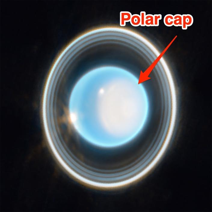 Une légende pour l'image JWST indique " calotte polaire " Avec une flèche pointant vers une zone bleu légèrement pâle sur Uranus.