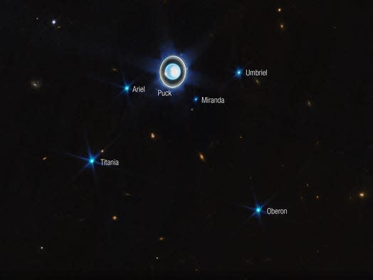 L'image capturée par JWST montre la planète entourée de Puck, Titania, Oberon, Umbriel, Ariel et Miranda