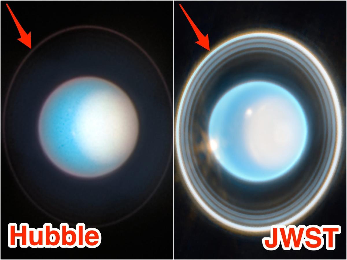 Des images côte à côte d&rsquo;Uranus montrent comment le télescope James Webb de la NASA surpasse Hubble, découvrant des anneaux brillants jamais vus.