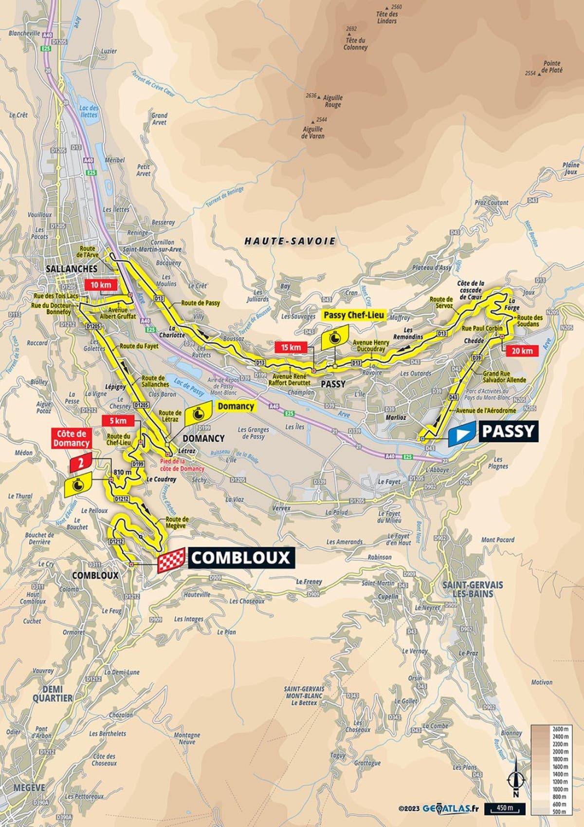 Aperçu de l&rsquo;étape 16 du Tour de France 2023 : carte du parcours et profil du contre-la-montre de 22 km de Passy à Combloux