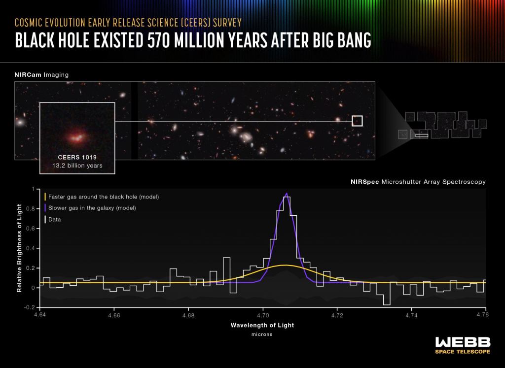 Une équipe de chercheurs dirigée par Stephen Finkelstein et Rebecca Larson de l'Université du Texas à Austin a identifié le trou noir supermassif le plus actif à ce jour dans le Cosmic Evolution Early Launch Science Survey (CEERS) du télescope spatial James Webb. Le trou noir, situé dans la galaxie CEERS 1019, existe plus de 570 millions d'années après le Big Bang et est beaucoup moins massif que les autres trous noirs trouvés précédemment dans l'univers primitif. Crédit illustration : NASA, ESA, CSA et Leah Hustak (STScI).