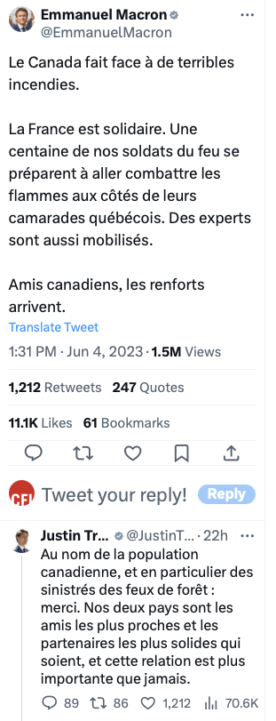 Le président français mobilise 100 pompiers pour venir en aide aux incendies au Québec Le président français mobilise 100 pompiers pour venir en aide aux incendies au Québec